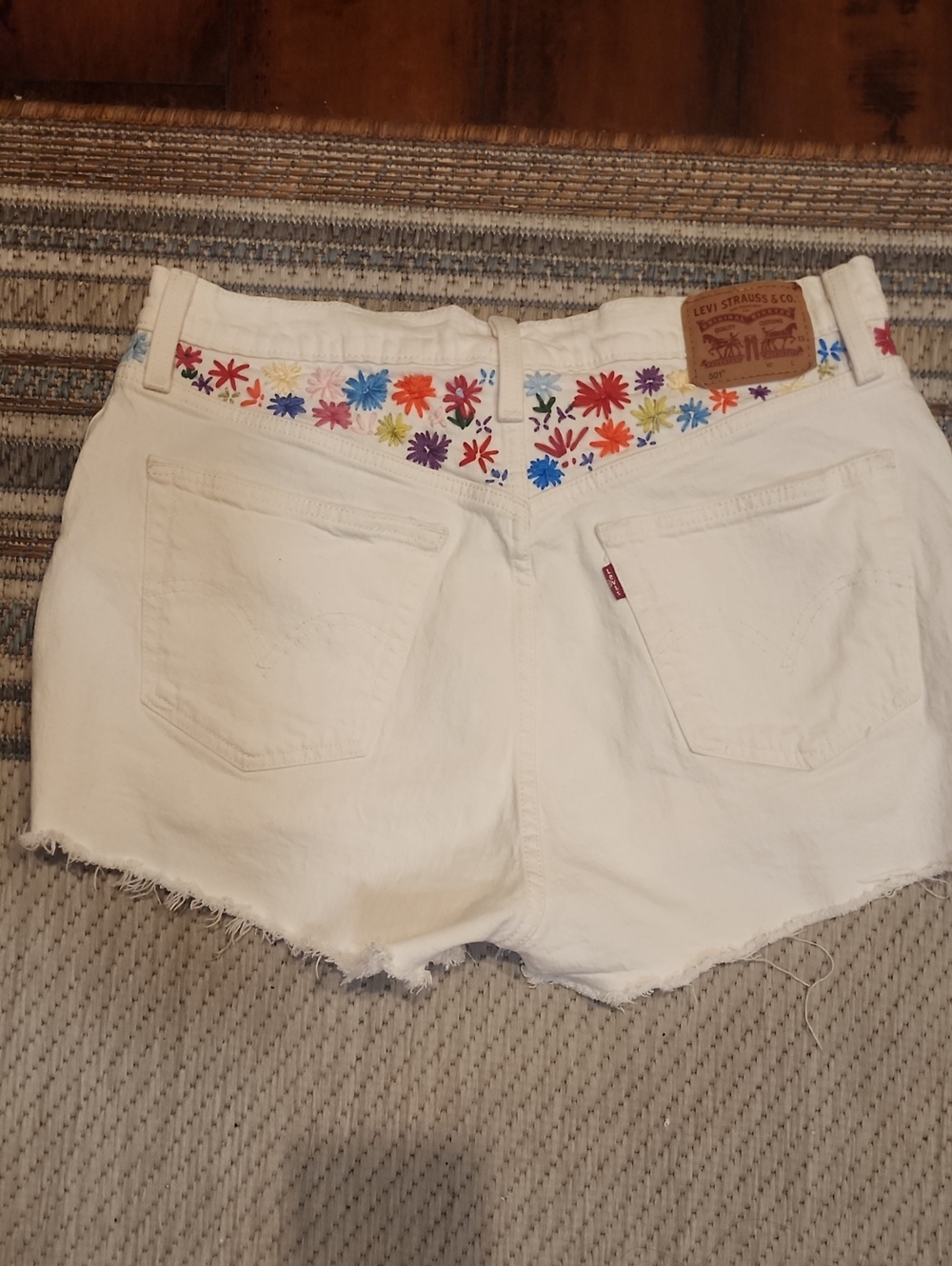 Levi's White Denim Shorts with Colorful Hand Floral Embroidered Waistband